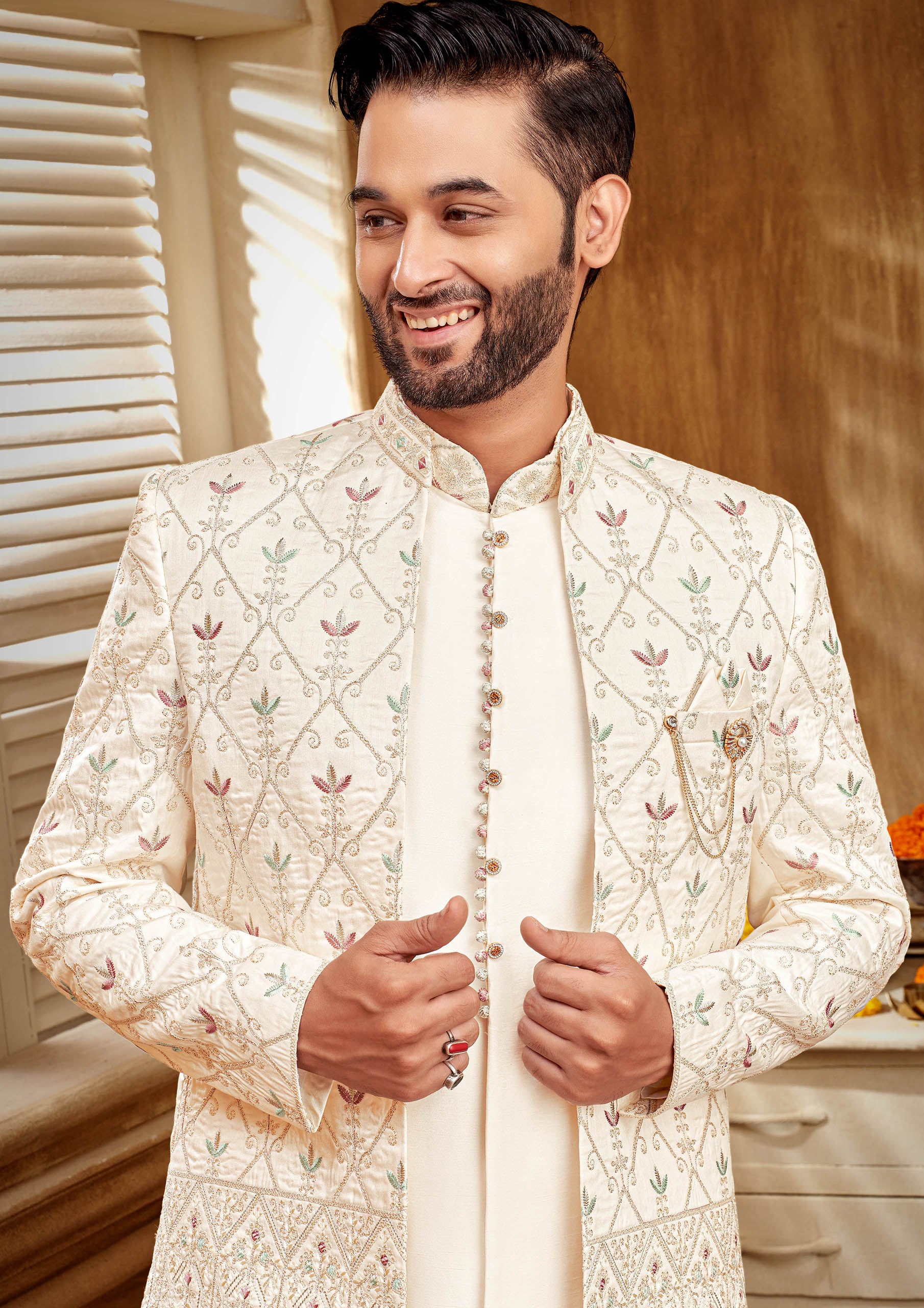 Men’s Indo-Western Kurta Set With Purple And Green Embroidered